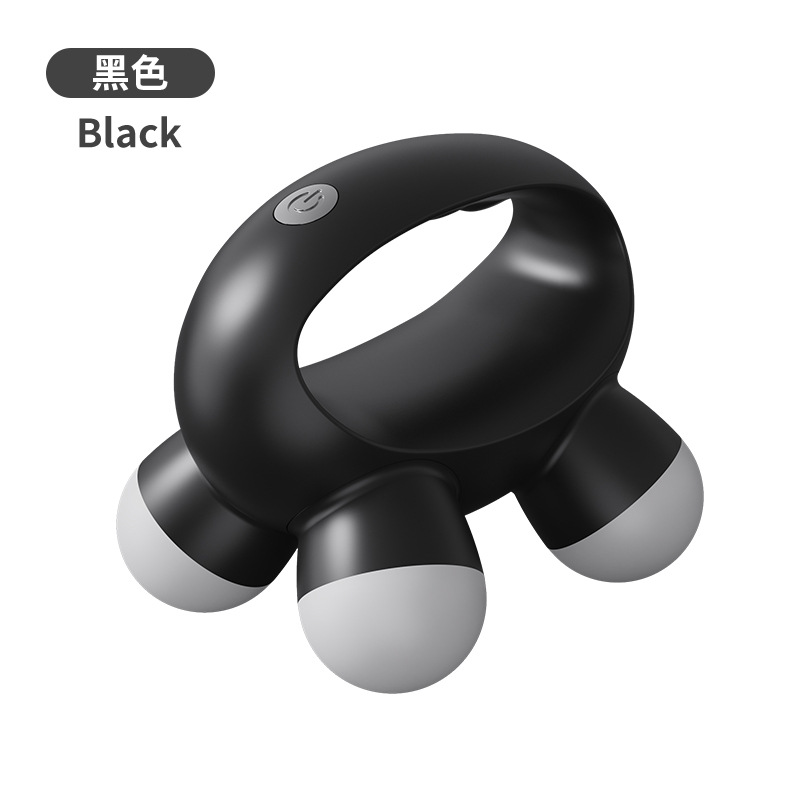 Ein schwarzes Handmassagegerät mit drei weißen Kugeln und einem Power-Knopf oben auf dem weißen Hintergrund.
