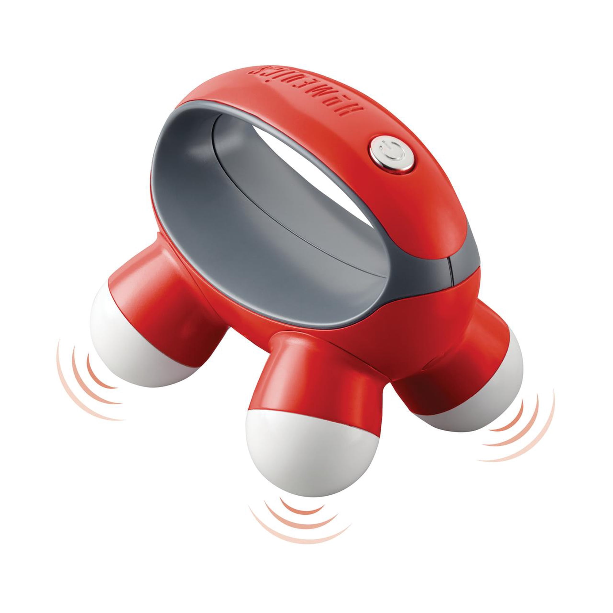 Ein roter und grauer Handmassageapparat mit drei weißen Kugeln und roten Vibrationslinien.