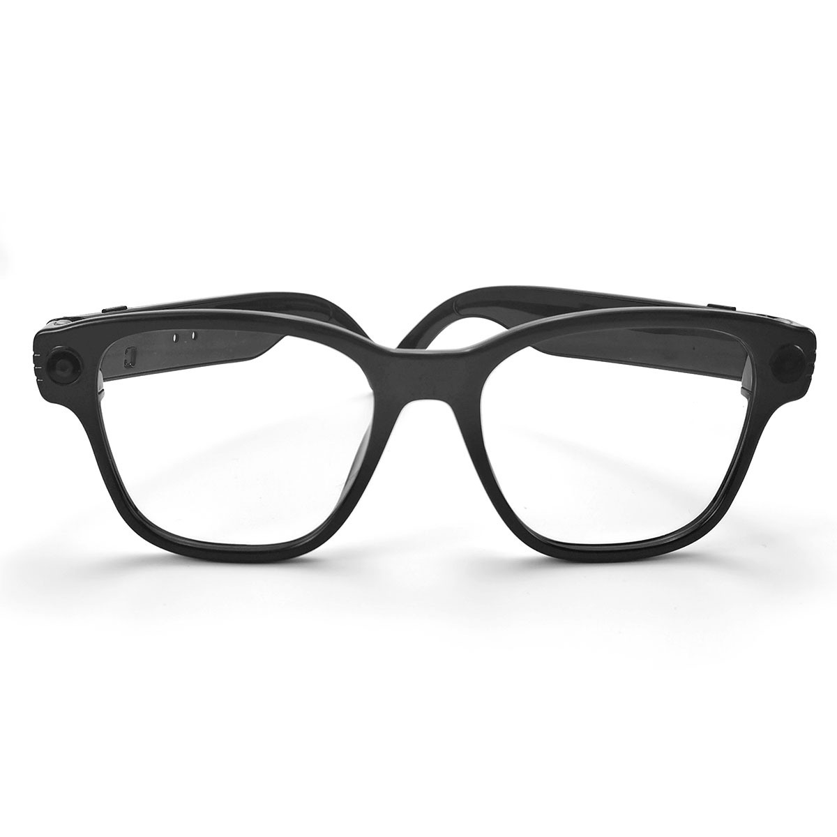 Eine moderne schwarze Smart-Brille mit dicken Räumen und eingebauten Kameras an den Bügeln vor weißem Hintergrund.