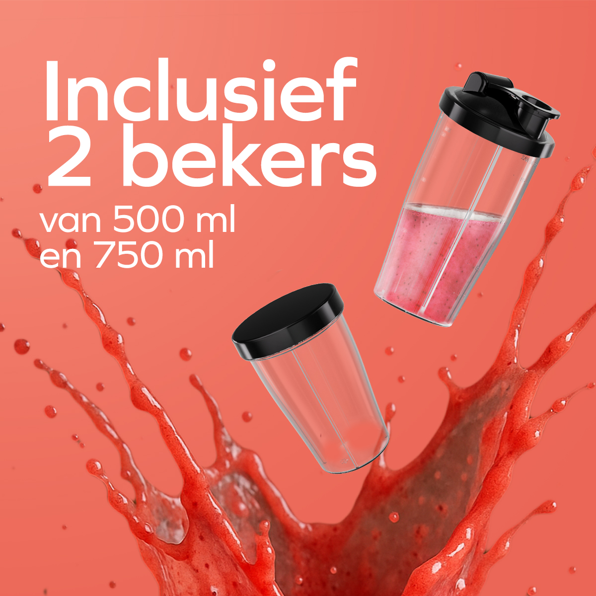 Zwei Shaker und rote Flüssigkeit mit dem Text Inclusief 2 bekers van 500 ml en 750 ml auf rotem Hintergrund.