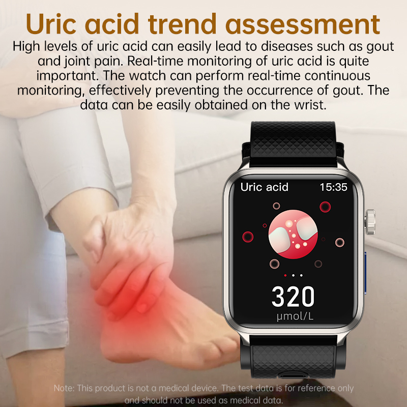 A smartwatch displays uric acid levels while a person holds their aching foot.