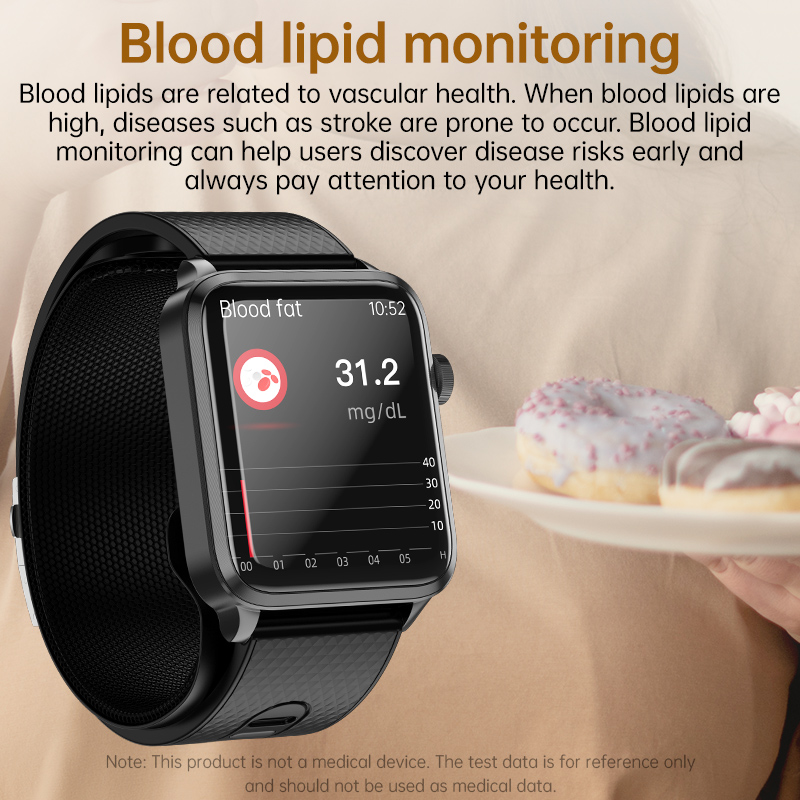 A smartwatch displays blood lipid levels with donuts on a plate held in the background.