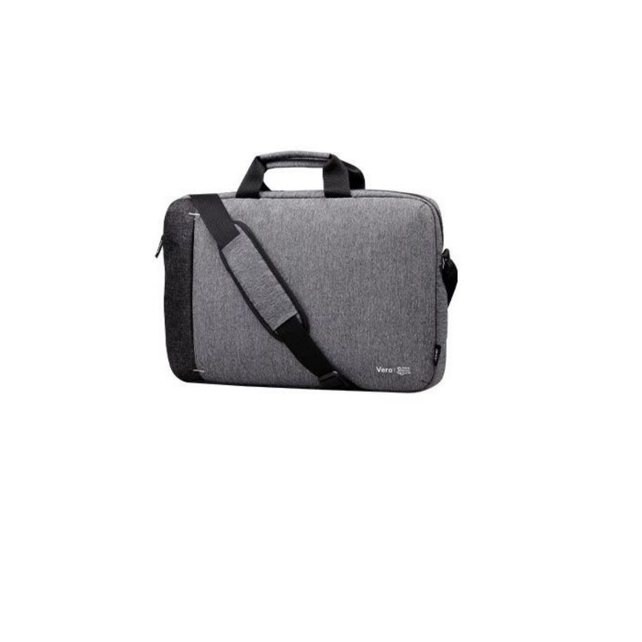 Graue Laptoptasche mit schwarzem Schultergurt und Tragegriff vor weißem Hintergrund.