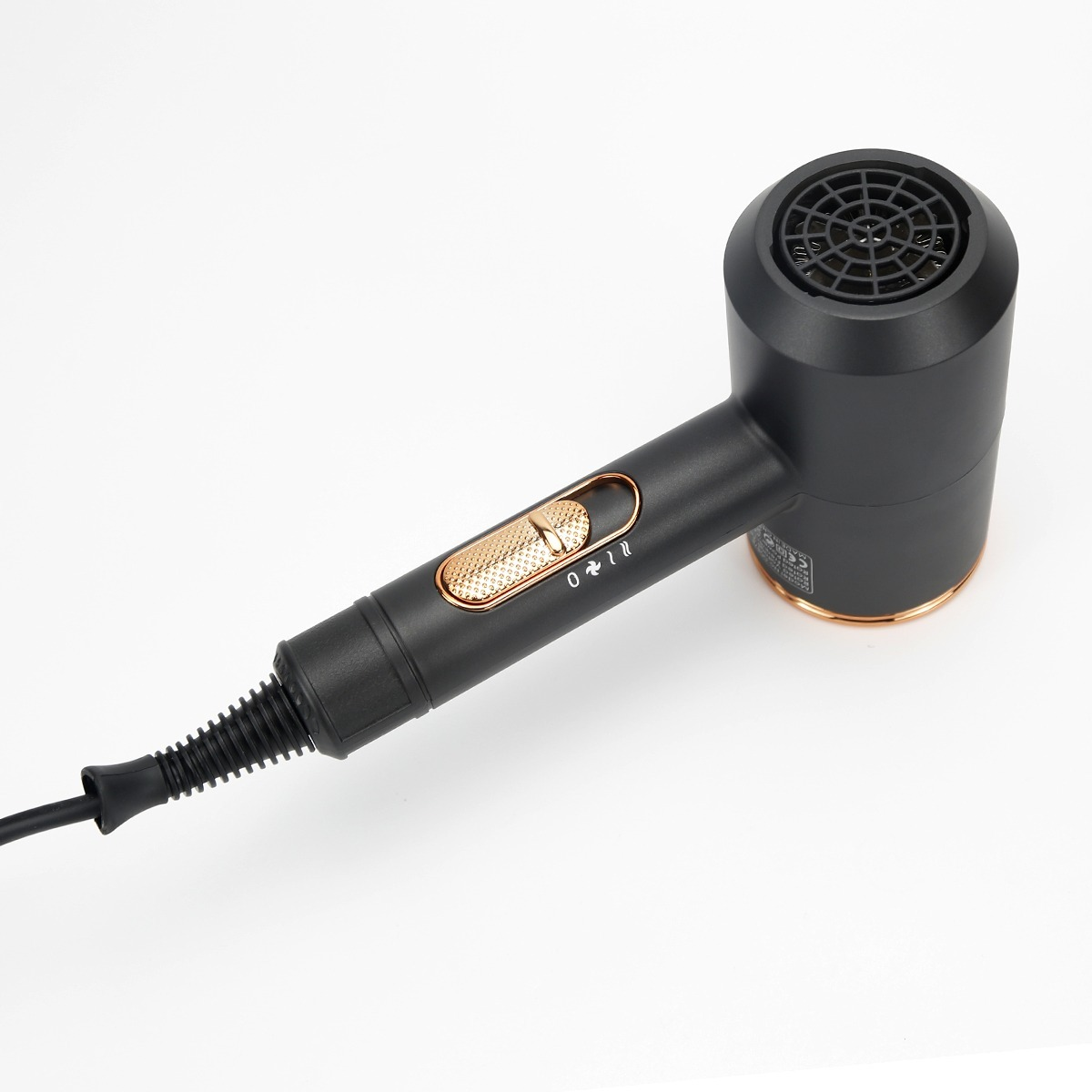 A black hairdryer with gold accents and a power cord, set against a plain white background.