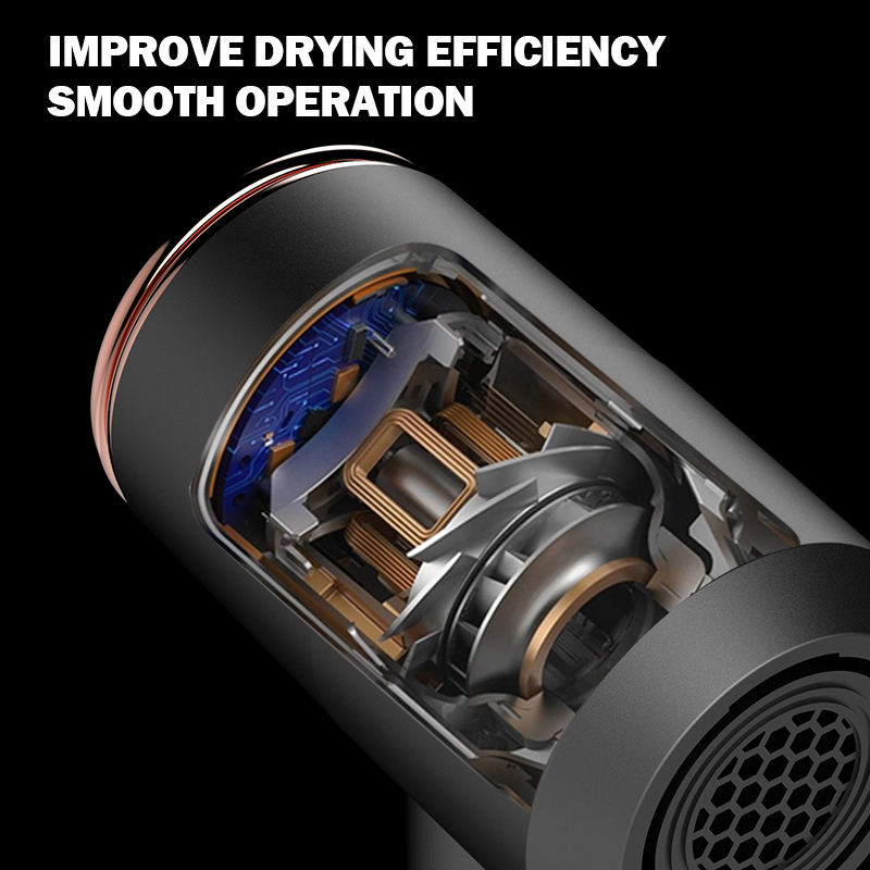 Cutaway view of a hair dryer motor showing copper coils, blue circuit board, and silver fan against a black background.