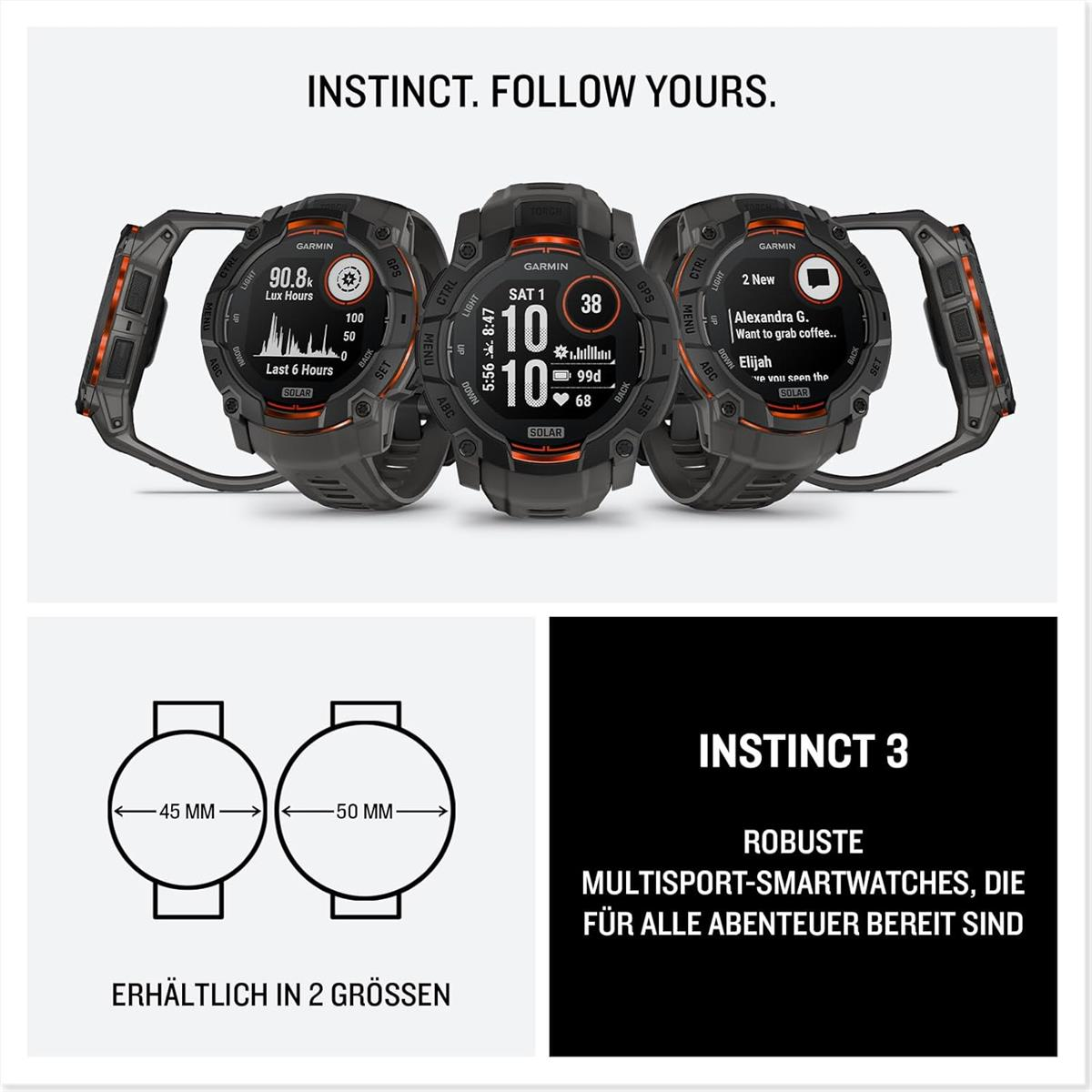 Three Garmin Instinct 3 smartwatches at different angles, showing two size options: 45 mm and 50 mm.