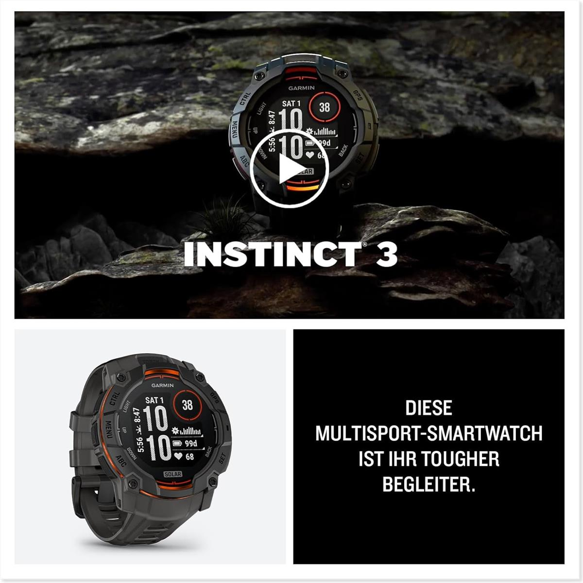 Garmin Instinct 3 multisport smartwatch on a rocky background with white text on a black background.