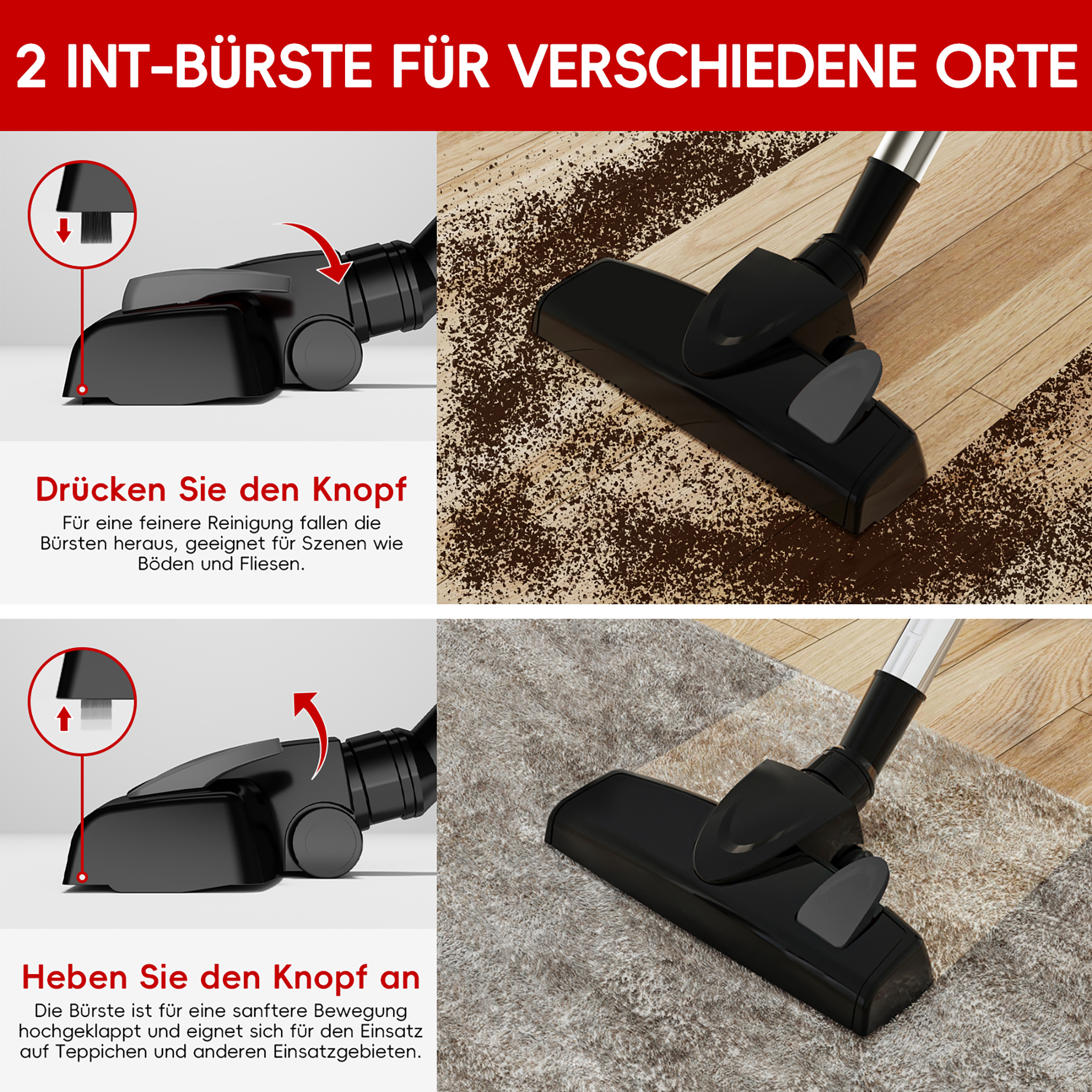 Infografik zeigt Staubsaugerbürste mit verstellbaren Borsten für harte Böden und Teppiche.