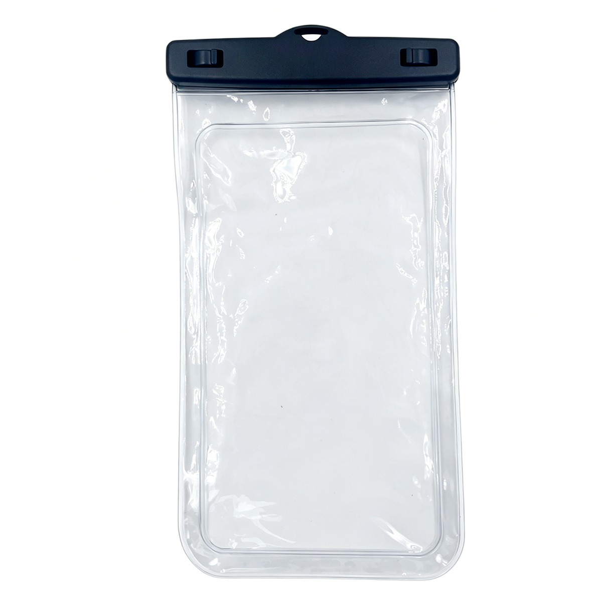 Eine transparente wasserdichte Handytasche mit schwarzem Kunststoffverschluss und Aufhängeclip.