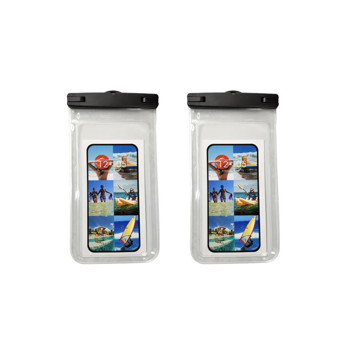 Zwei wasserdichte Handytaschen mit schwarzem Verschluss und einem Smartphone mit Strandbildern darin.