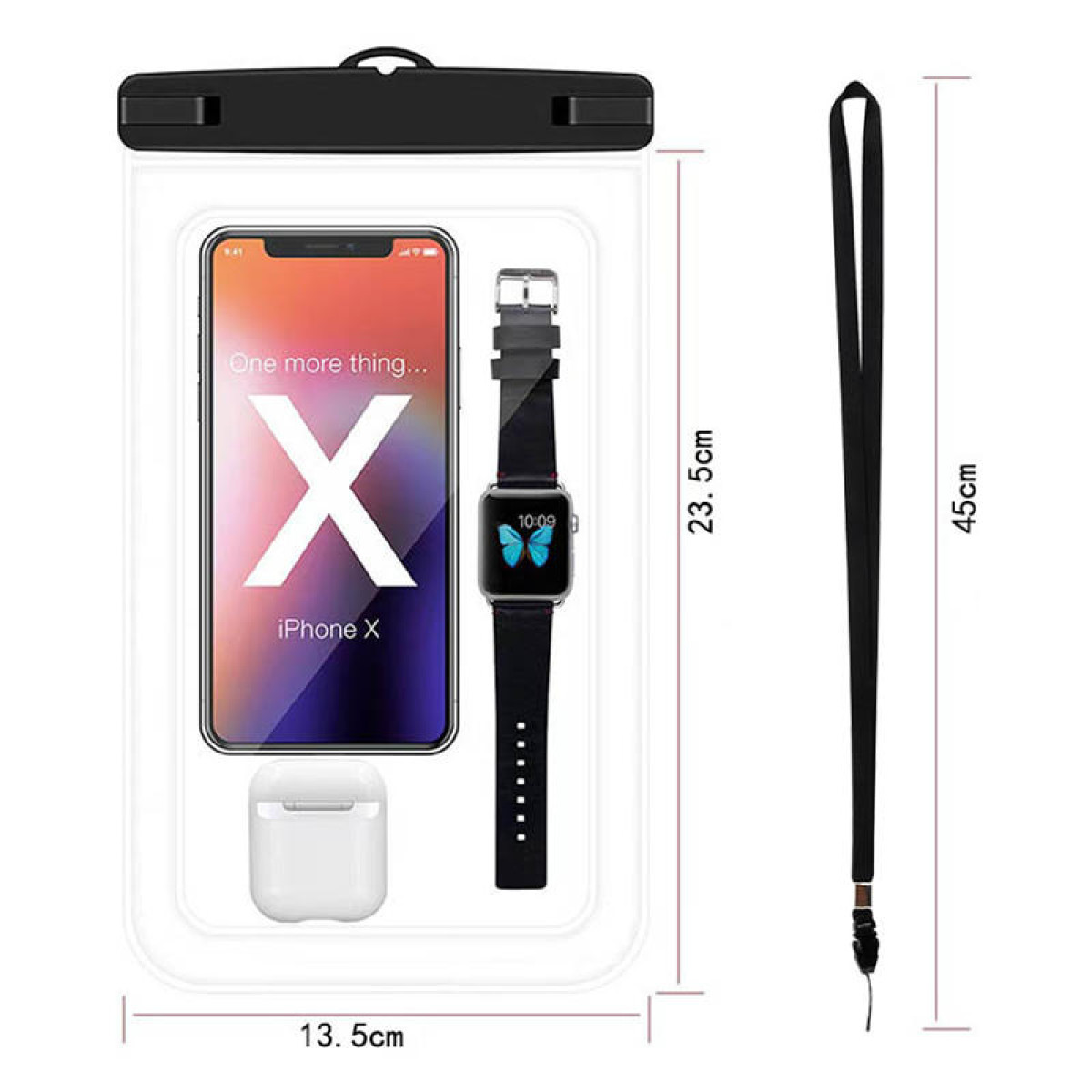 Wasserdichte Handytasche mit Smartphone, Smartwatch, Ohrhörern und Maßen.