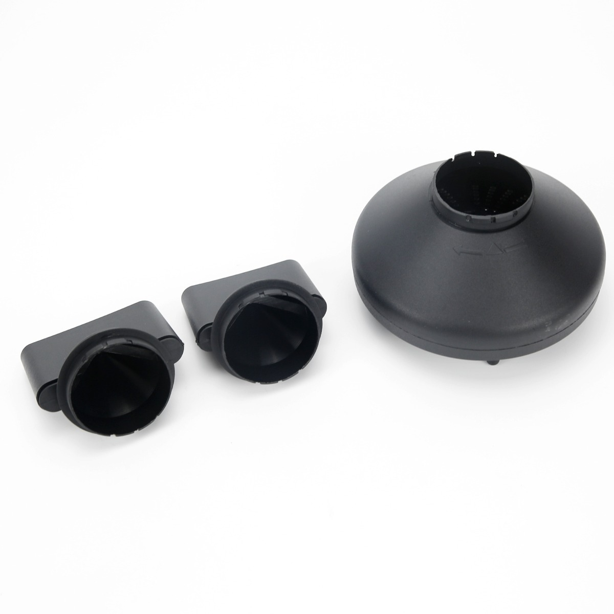 Three black plastic parts, two rectangular with round openings and a large funnel attachment on a white background.