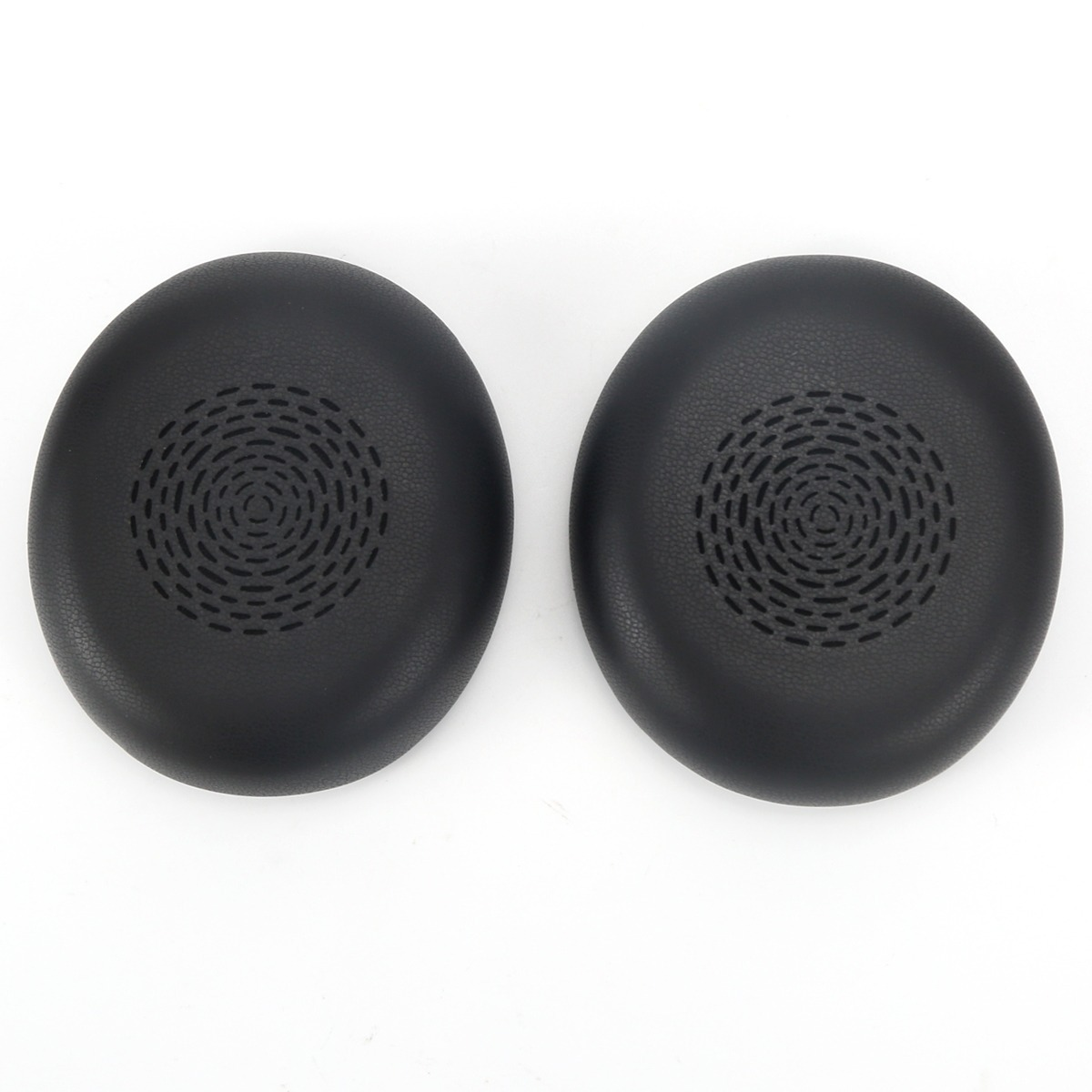 Two black leather headphone ear pads with perforated circular patterns on a white background.