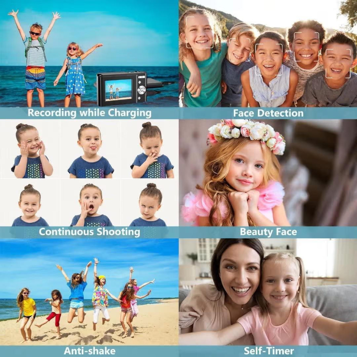 A collage showing camera features including face detection, charging, continuous shooting, beauty, and self-timer.