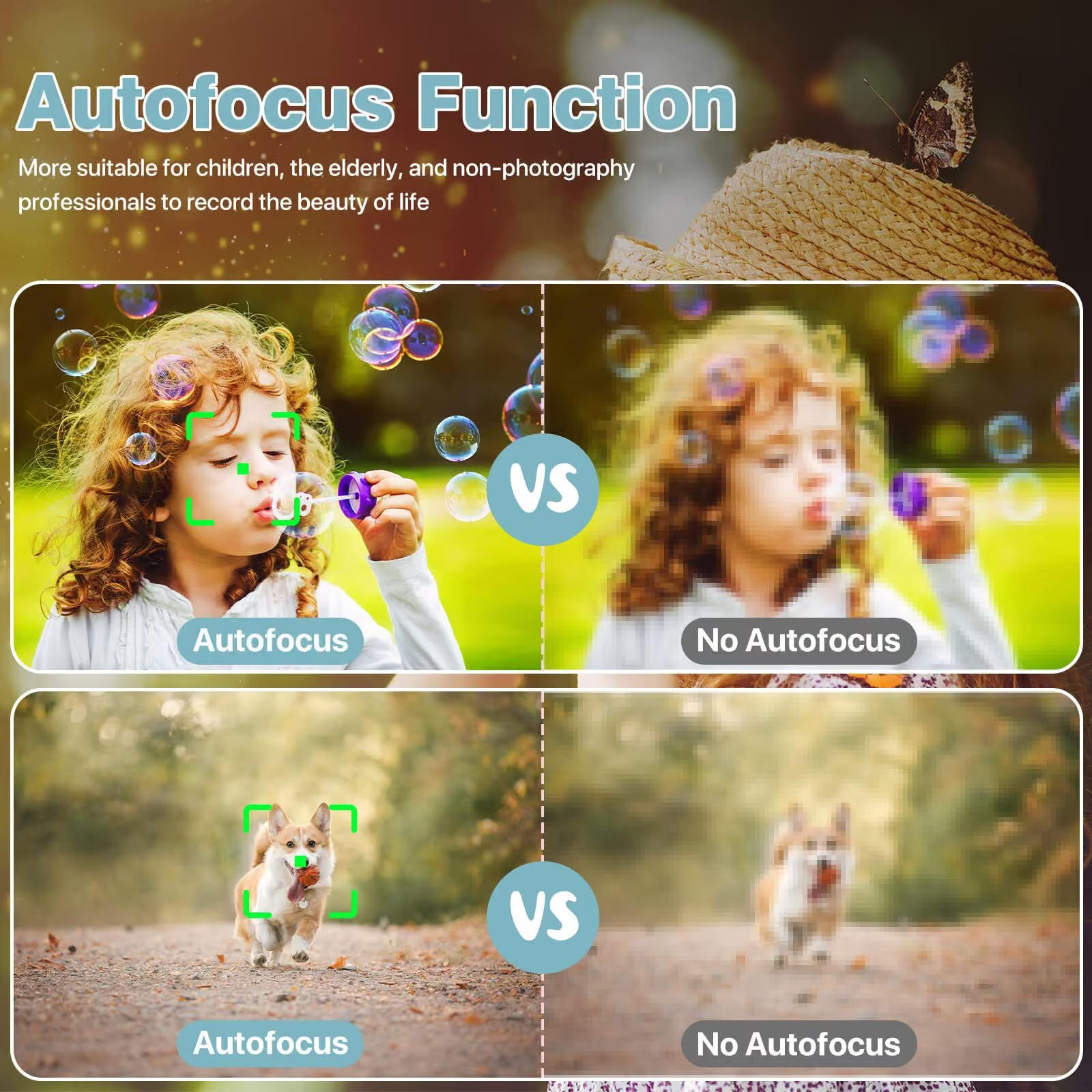 Comparison images show clarity with and without autofocus featuring a child with bubbles and a dog.