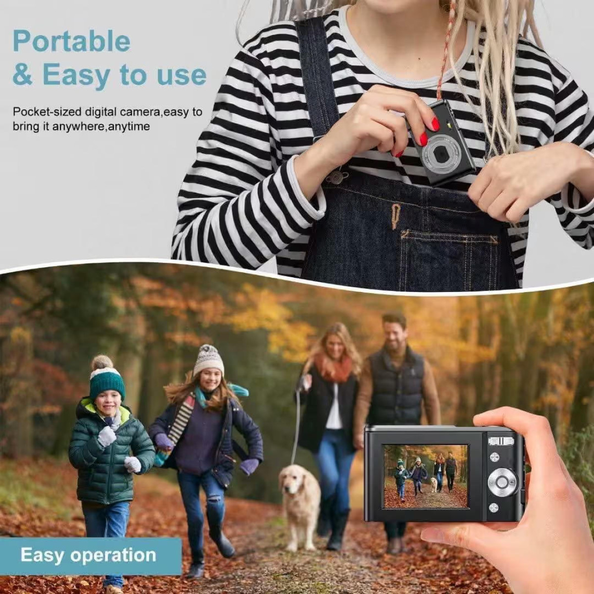 Portable digital camera being pocketed; another shows a family walking on a forest trail.