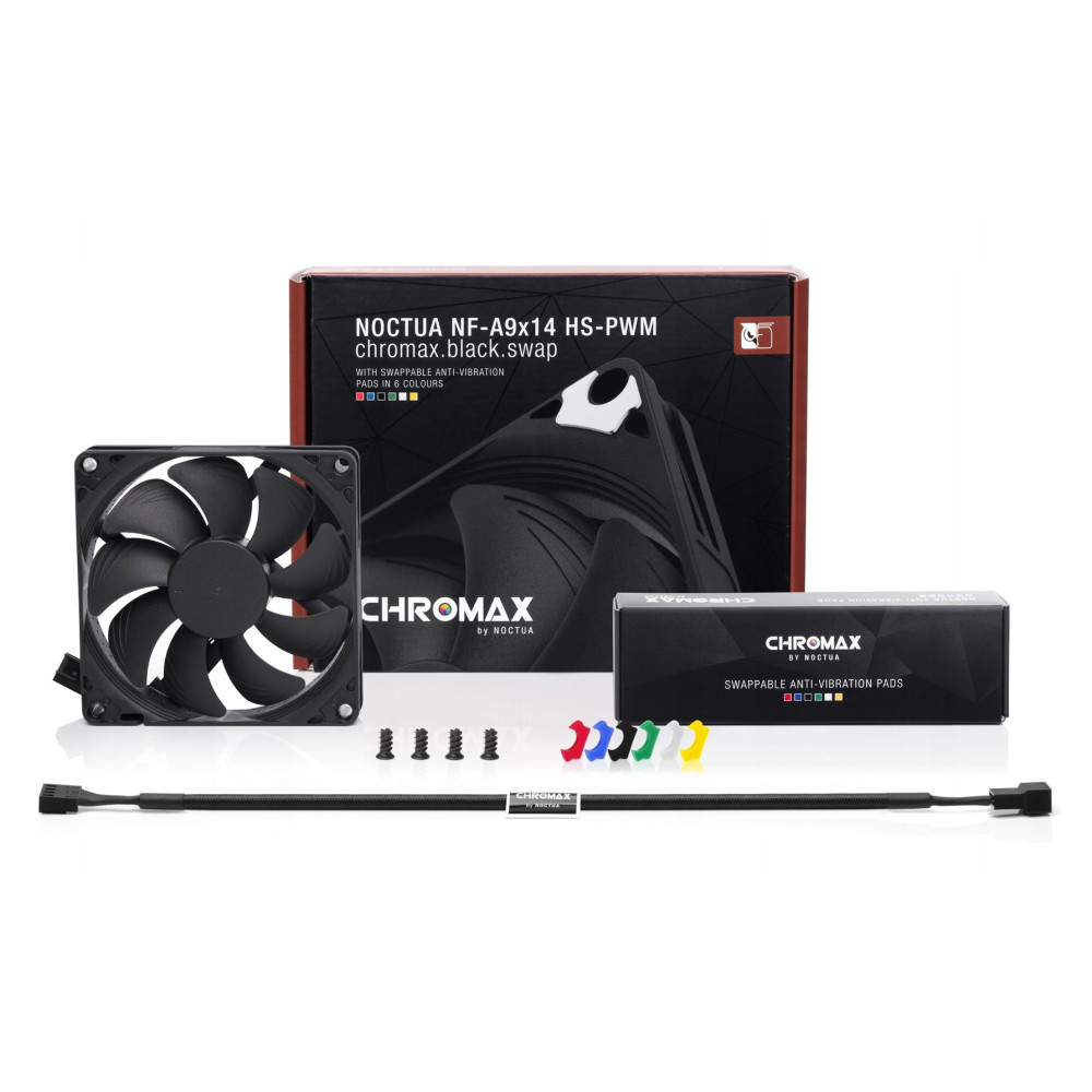 Czarny wentylator PC Noctua z pudełkiem, śrubkami, kolorowymi narożnikami i kablem.