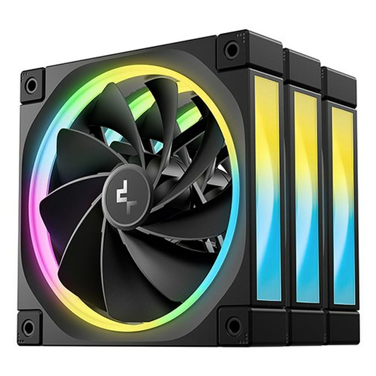 Trzy czarne wentylatory komputerowe z kolorowymi podświetlanymi pierścieniami RGB na białym tle.