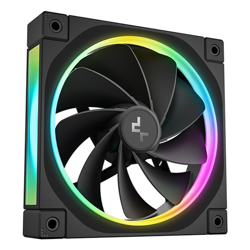 Czarny wentylator komputera z żywym oświetleniem RGB wokół okrągłej ramki na białym tle.