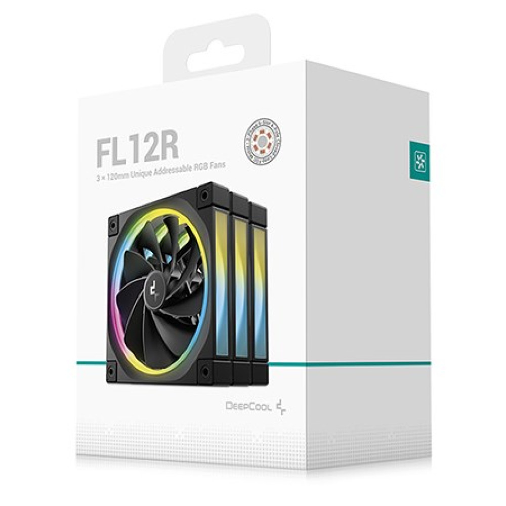 Białe pudełko produktu dla wentylatorów komputerowych FL12R RGB z obrazem trzech połączonych czarnych wentylatorów.
