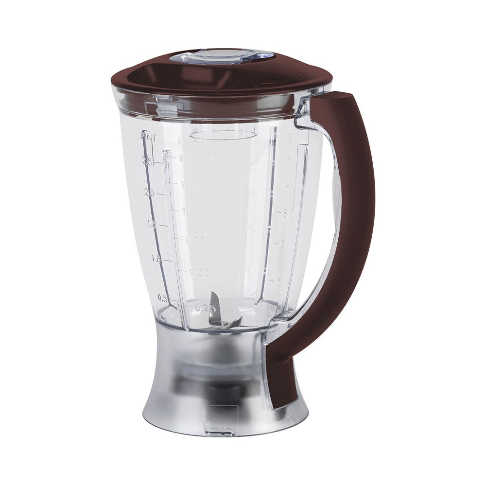 Bol de blender transparent avec poignée marron, couvercle et lames en acier inoxydable sur fond blanc.