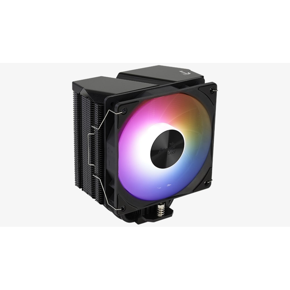 Czarny chłodzester CPU z dwiema wieżami finowymi i podświetlanym wentylatorem RGB o żywych kolorach na białym tle.
