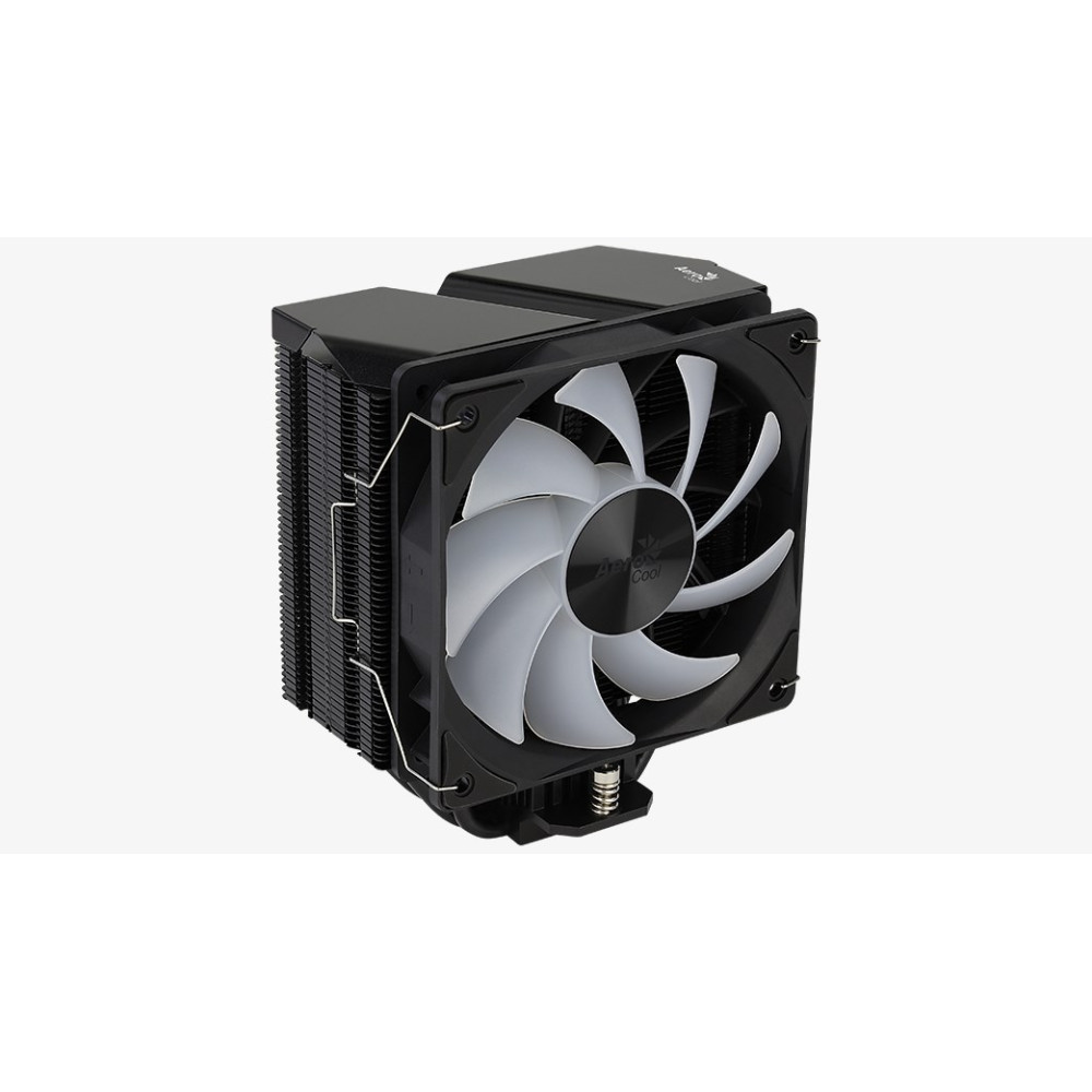 Czarny chłodizk CPU z dwoma czarnymi radiatorami i wentylatorem z białymi łopatkami na białym tle.