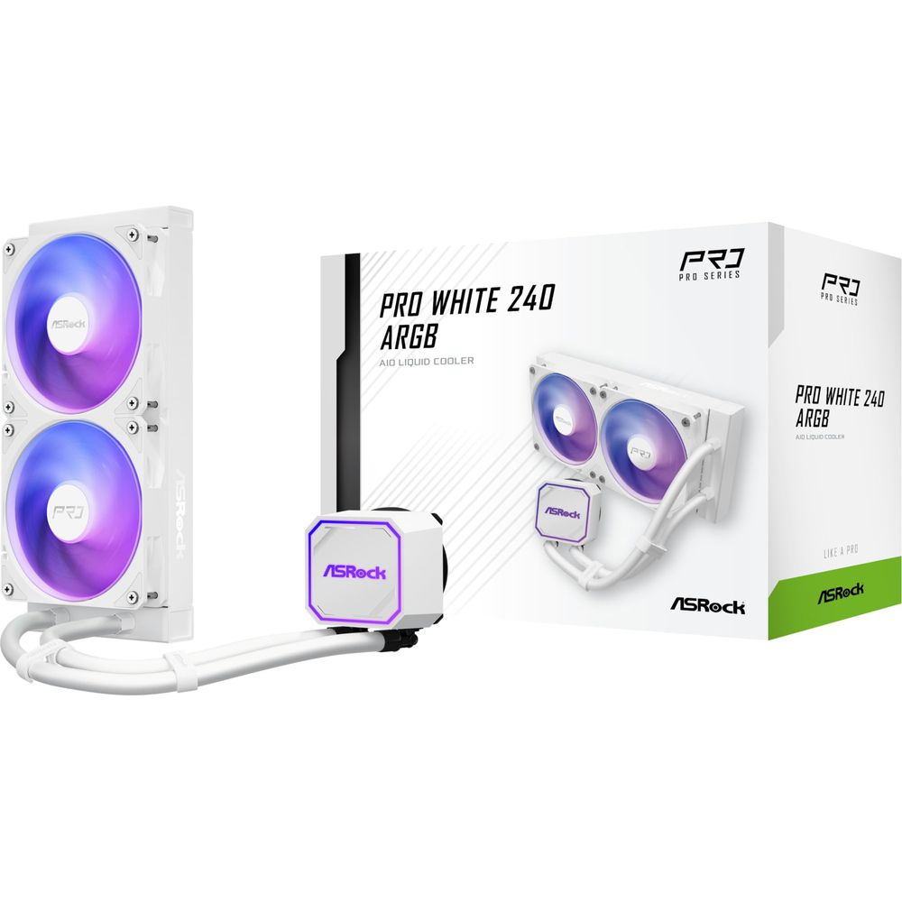 Chłodzenie wodne ASRock Pro White 240 ARGB z dwoma podświetlanymi wentylatorami i pudełkiem.