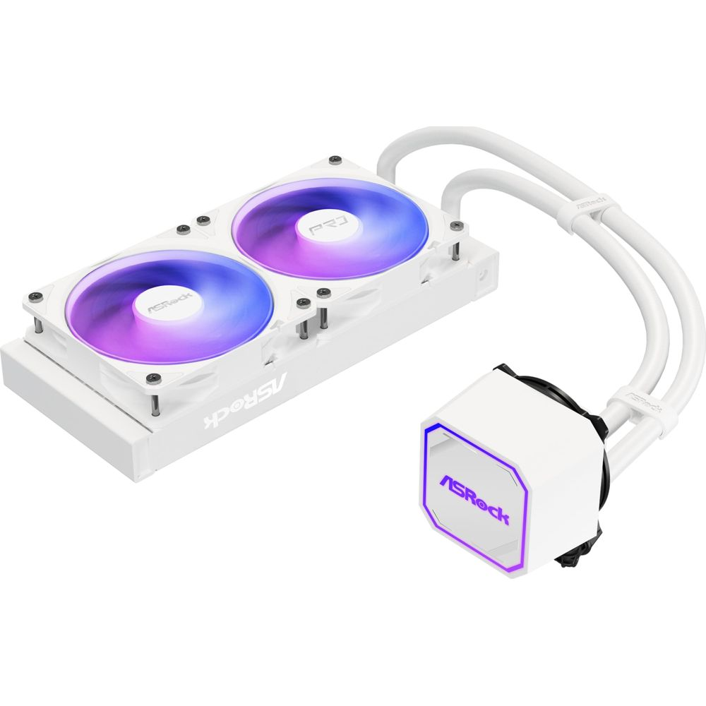Białe chłodzenie wodne AIO do procesora z dwoma wentylatorami RGB, wplatanymi wężami i podświetlanym blokiem.