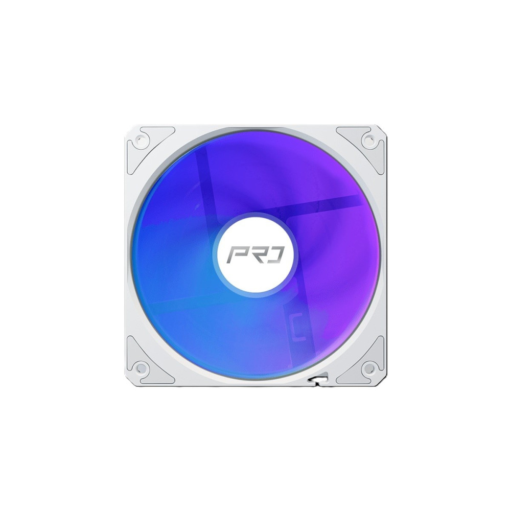 Biały wentylator komputerowy z niebieskim i fioletowym podświetleniem RGB na białym tle.