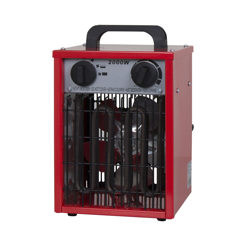 Ein roter 2000W-Heizlüfter mit schwarzem Griff, zwei Reglern und Schutzgitter.