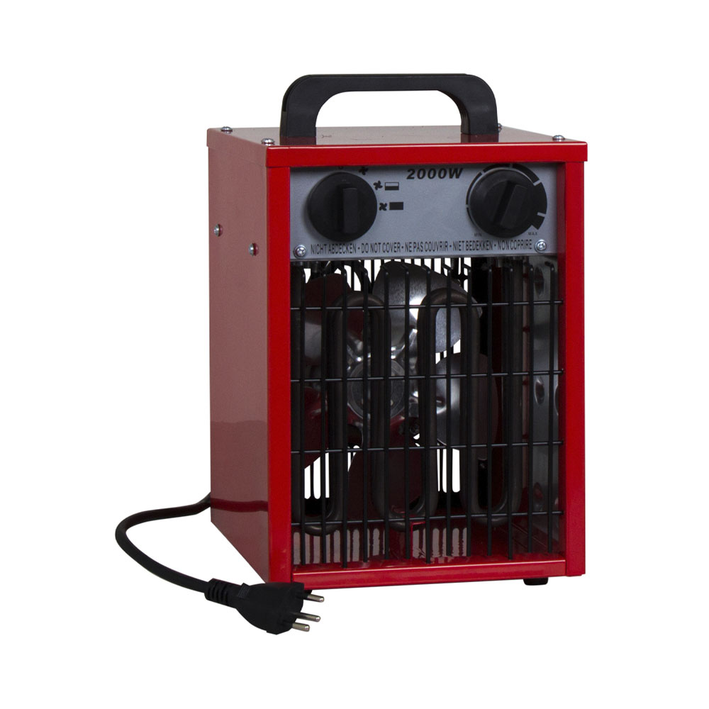 Roter elektrischer Heizlüfter mit 2000W, schwarzem Griff, Frontgitter und Netzkabel.