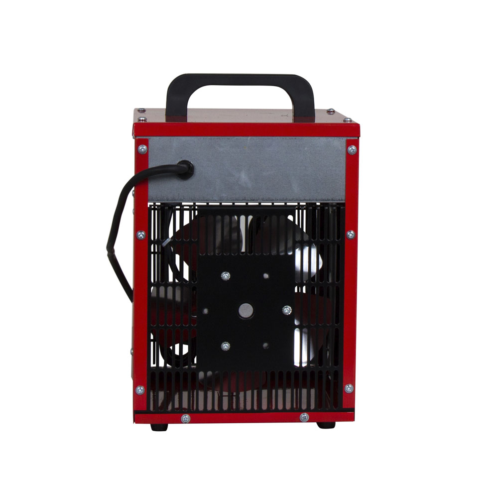 Ein roter elektrischer Heizlüfter mit schwarzem Griff und Schutzgitter.