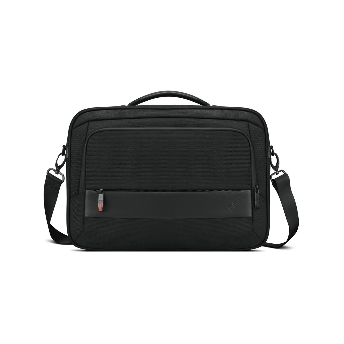 Czarna torba na laptopa z górnym uchwytem i paskiem na ramię na białym tle.