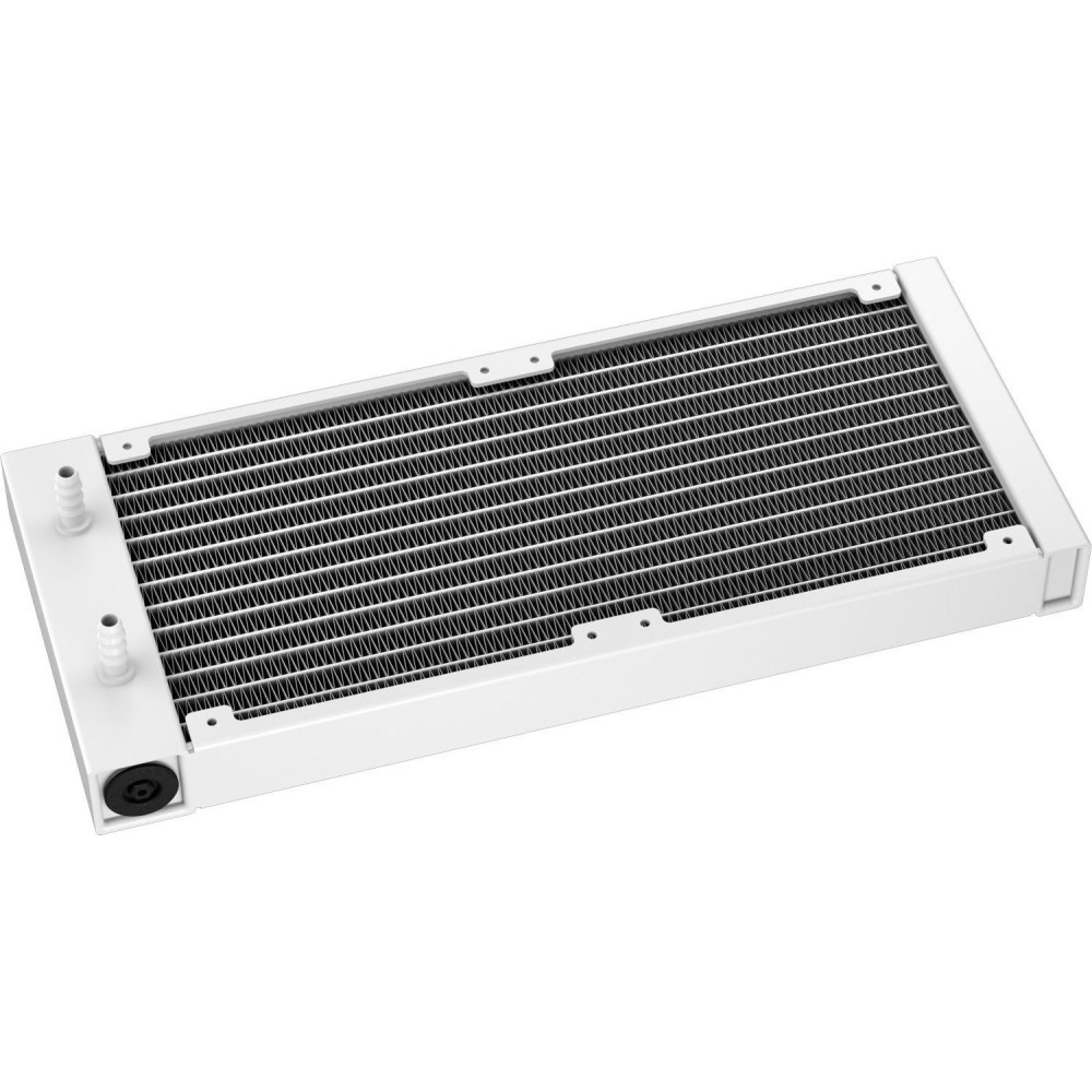 Biały radiator chłodzenia wodnego PC z szarymi finami i dwoma złączami na białym tle.