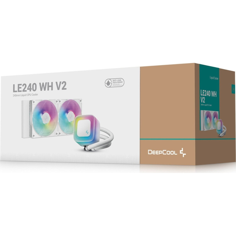 Opakowanie chłodzenia wodnego CPU DeepCool LE240 WH V2 w kolorze białym i brązowym.