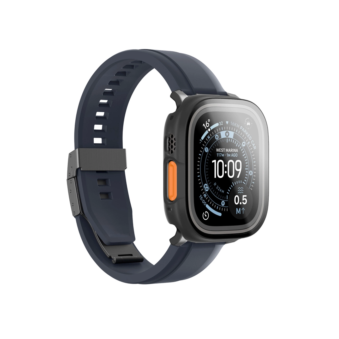 Uno smartwatch nero con cinturino in silicone blu scuro e quadrante digitale su sfondo bianco.