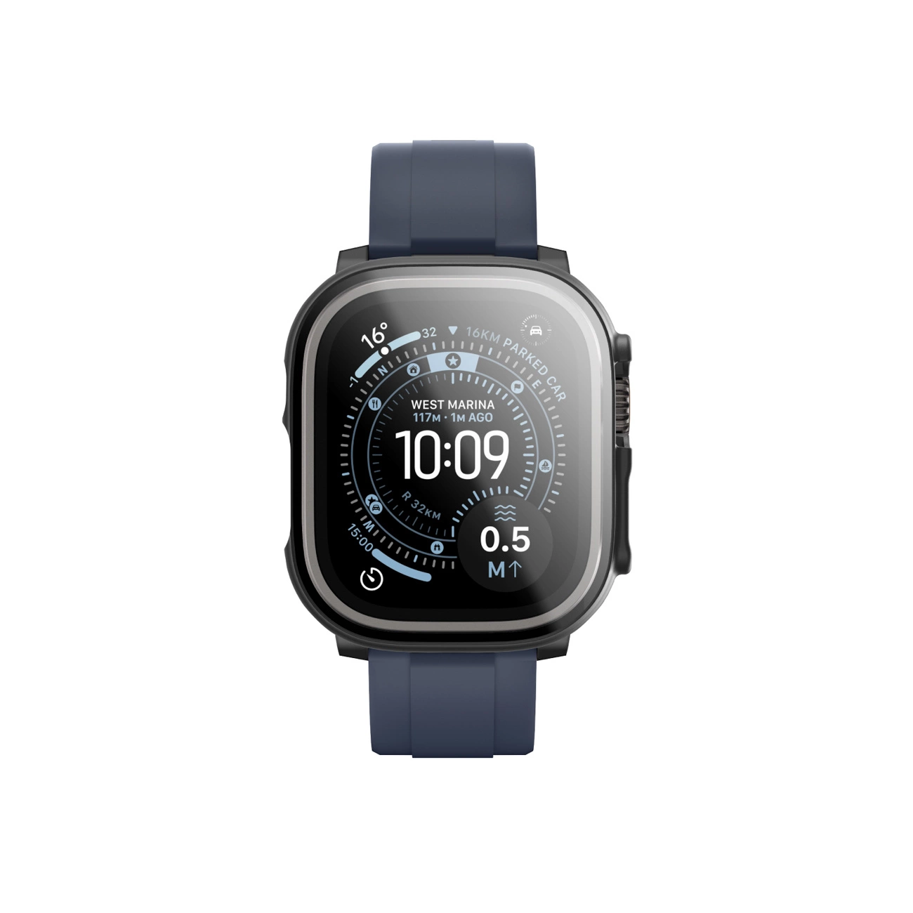 Uno smartwatch nero con cinturino in silicone blu e quadrante digitale che mostra ora e dati di attività.