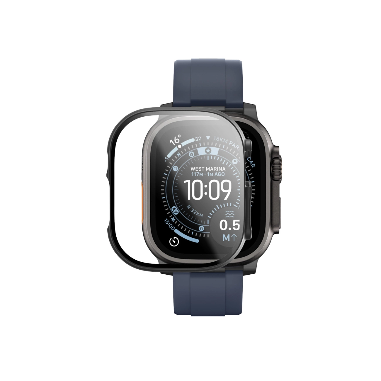 Uno smartwatch nero con cinturino blu ha una cornice di vetro protettiva posizionata sullo schermo.