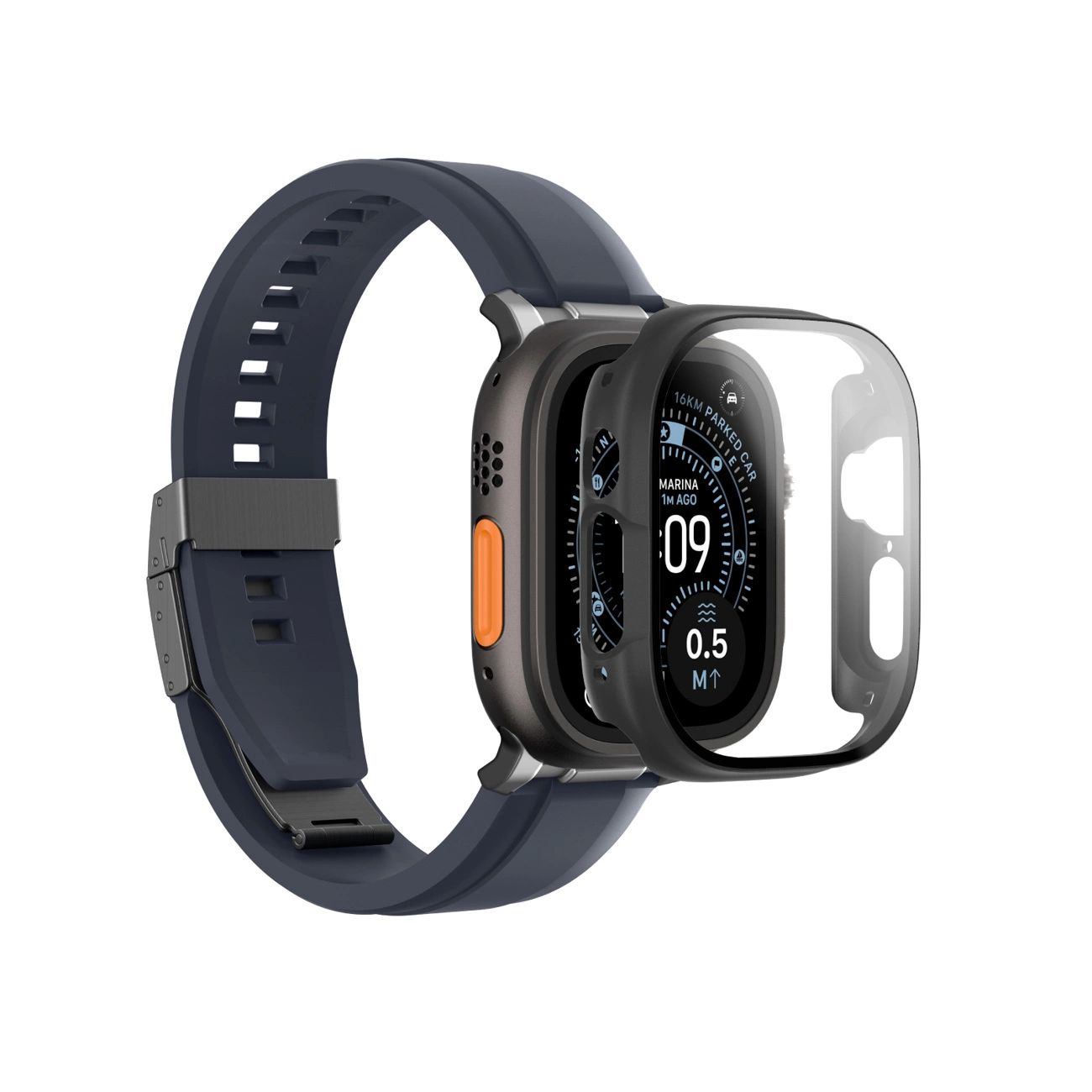 Uno smartwatch con cinturino blu scuro e custodia protettiva sollevata dallo schermo.