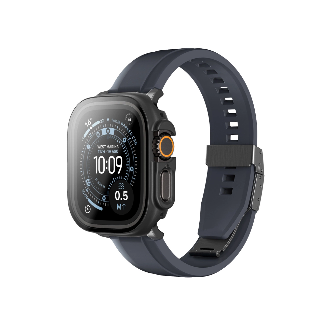 Uno smartwatch nero con cinturino in silicone scuro e display digitale dettagliato su sfondo bianco.