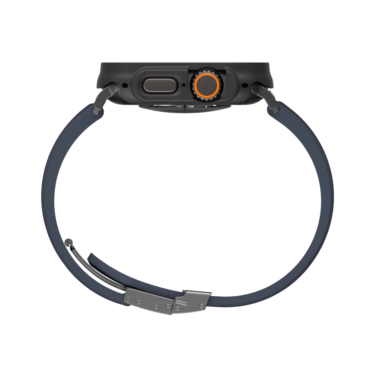 Vista laterale di uno smartwatch nero con cinturino in silicone blu e chiusura in metallo.