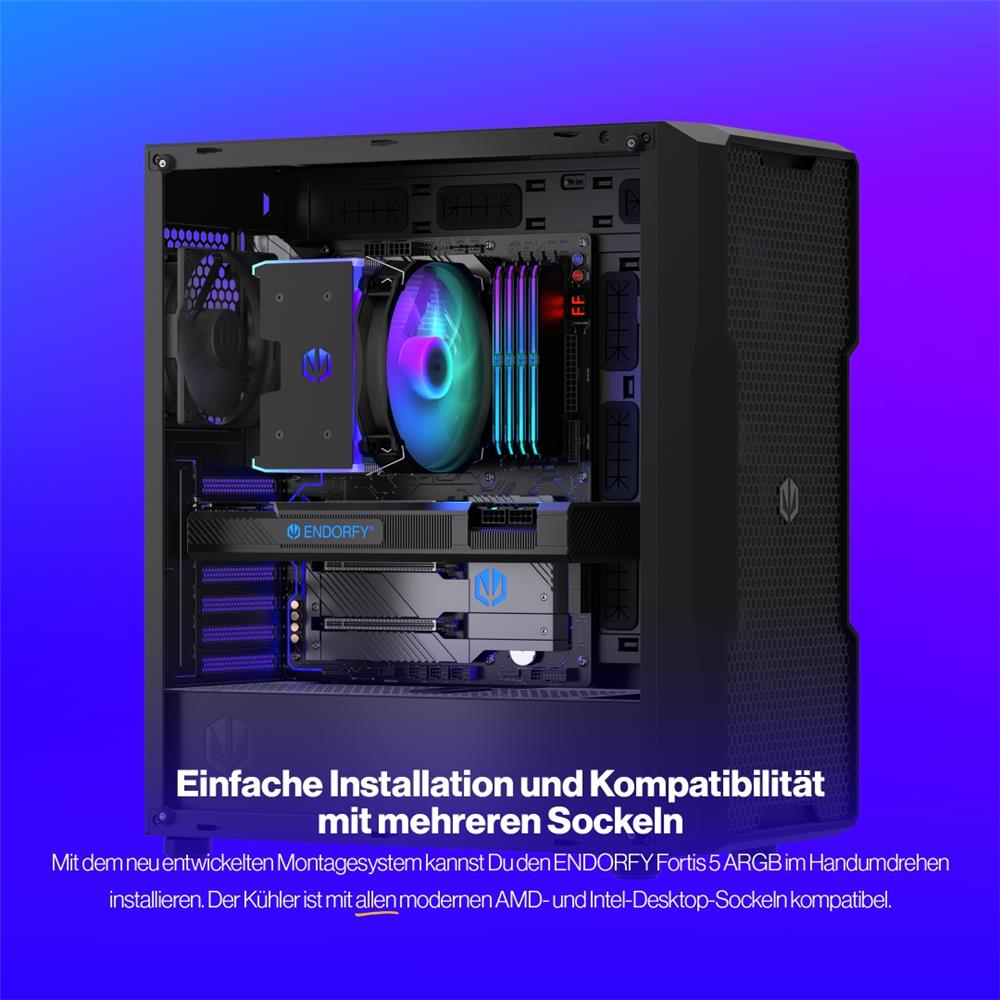Wnętrze czarnej obudowy PC z podświetlanymi wentylatorami chłodzenia procesora, pamięciami RAM i podzespołami na niebieskim tle.