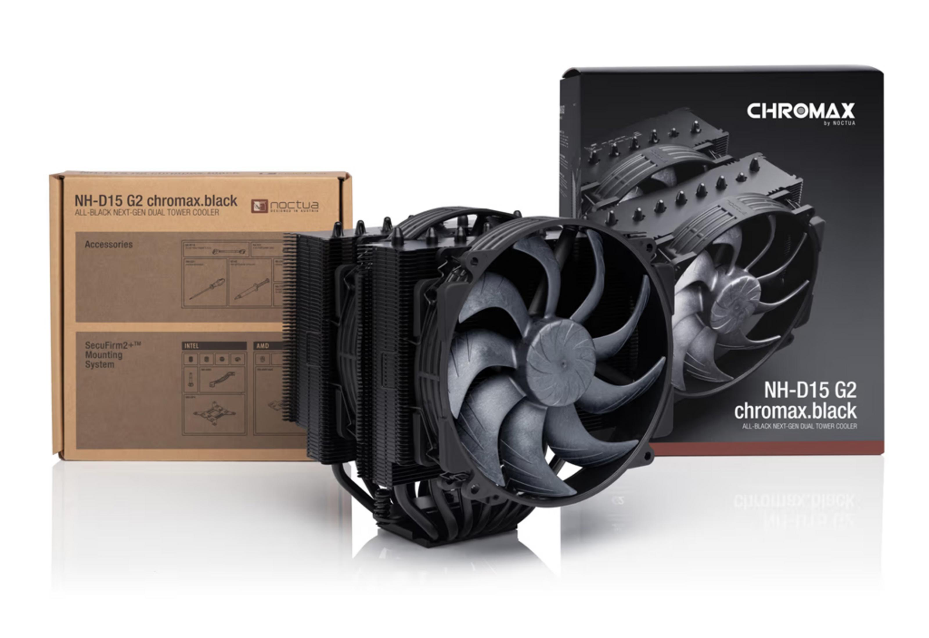 Czarny cooler CPU Noctua NH-D15 G2 przed dwoma pudełkami produktów na białym tle.
