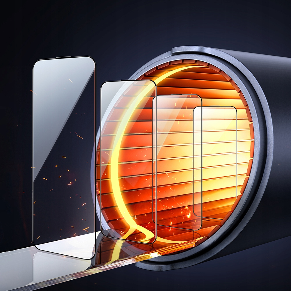 Tre schermi di vetro per telefoni emergono da un cilindro riscaldato arancione su sfondo scuro.