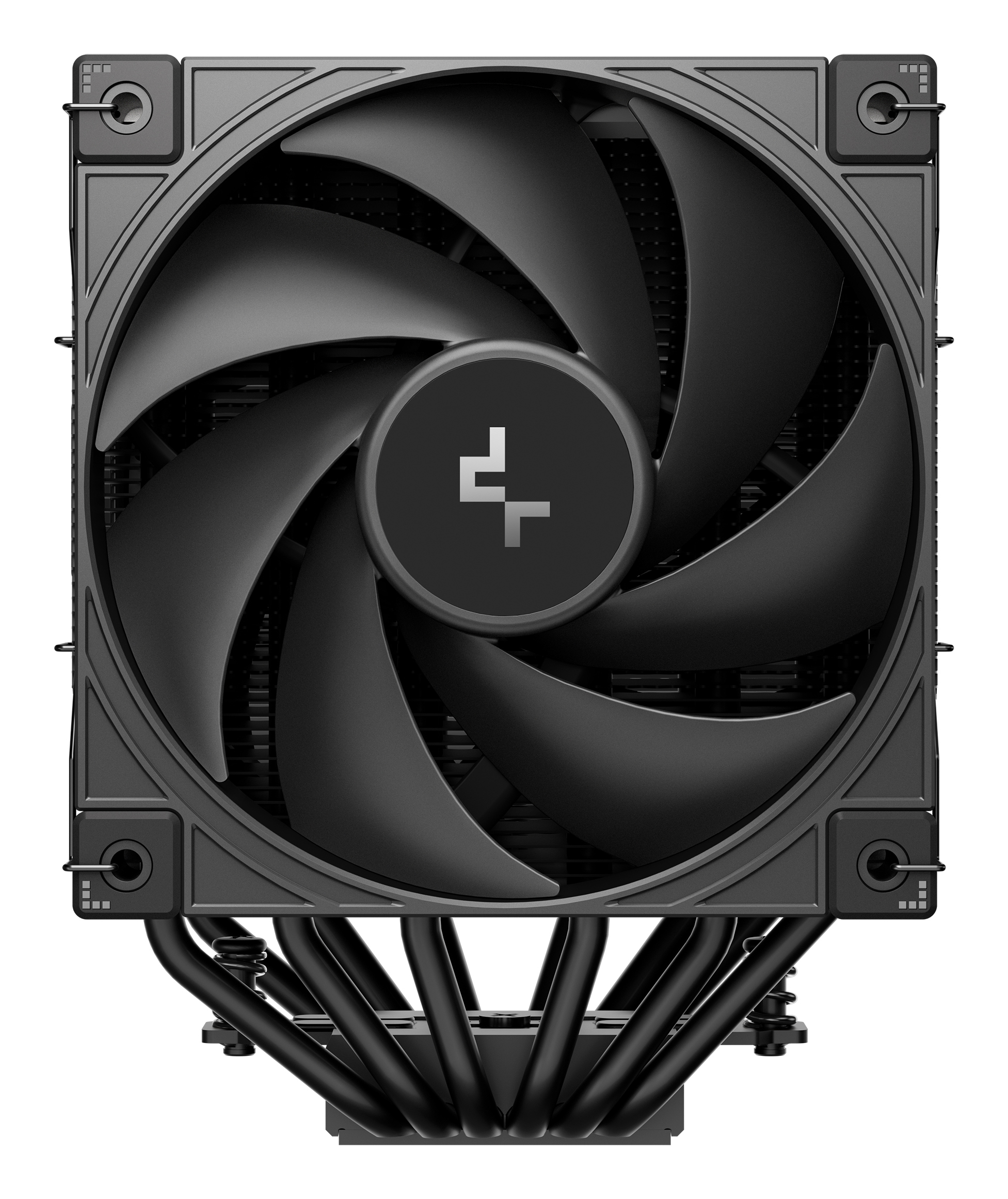 Czarny chłodzester CPU z kwadratową ramką, dużymi łopatkami i zakrzywionymi rurkami cieplnymi.