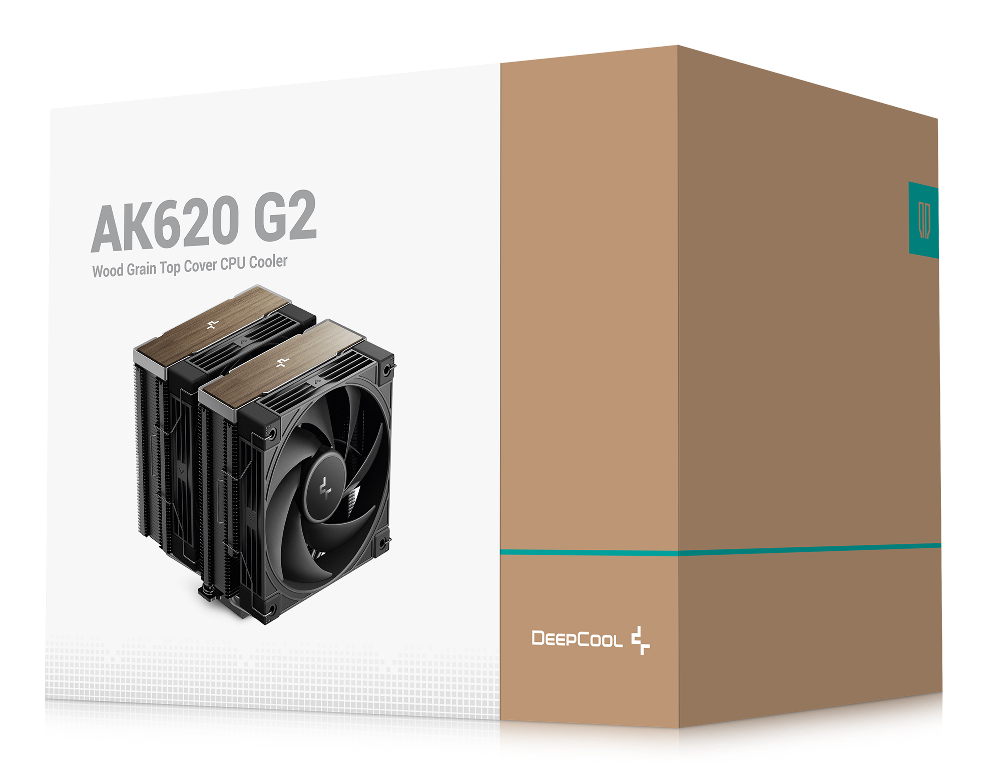 Opakowanie i zdjęcie chłodzenia procesora DeepCool AK620 G2 z drewnianym topem.