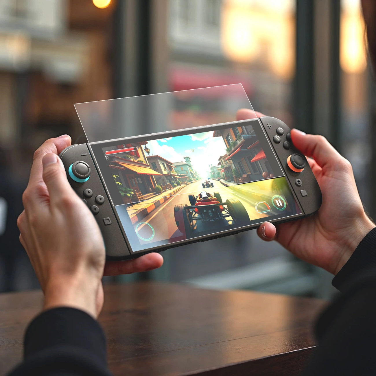Persona tiene una console portatile mentre viene applicata parzialmente una pellicola.