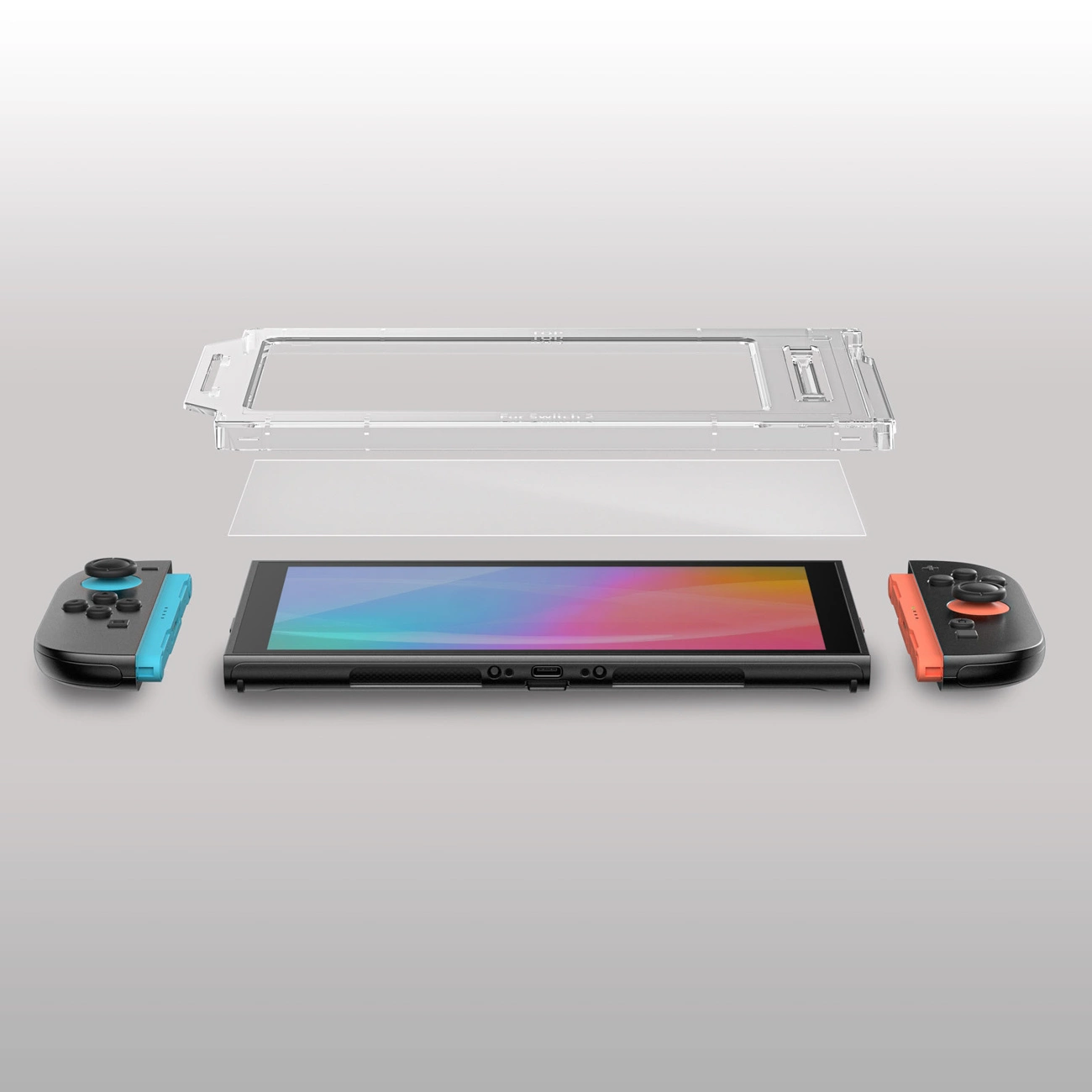 Console Nintendo Switch con controller Joy-Con blu e rosso staccati e custodia protettiva trasparente.