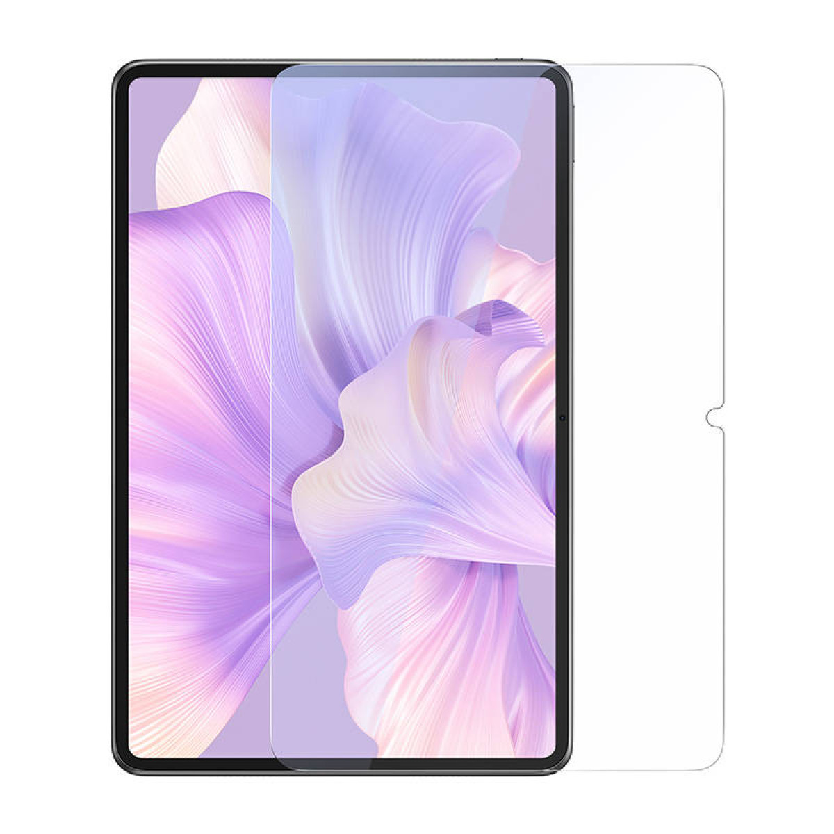 Un tablet con uno sfondo astratto viola e una pellicola protettiva parzialmente rimossa.